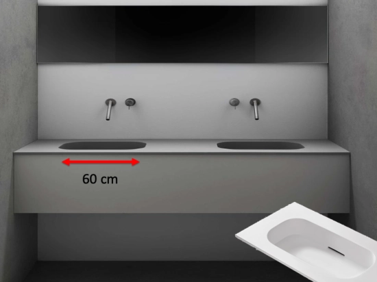 Plan double vasques, bassin design 60 cm, système d’évacuation discret L. 140 à 201 x P. 40 à 51 cm Finition lisse Résine Akrytan® teinté dans la masse, Livraison Offerte